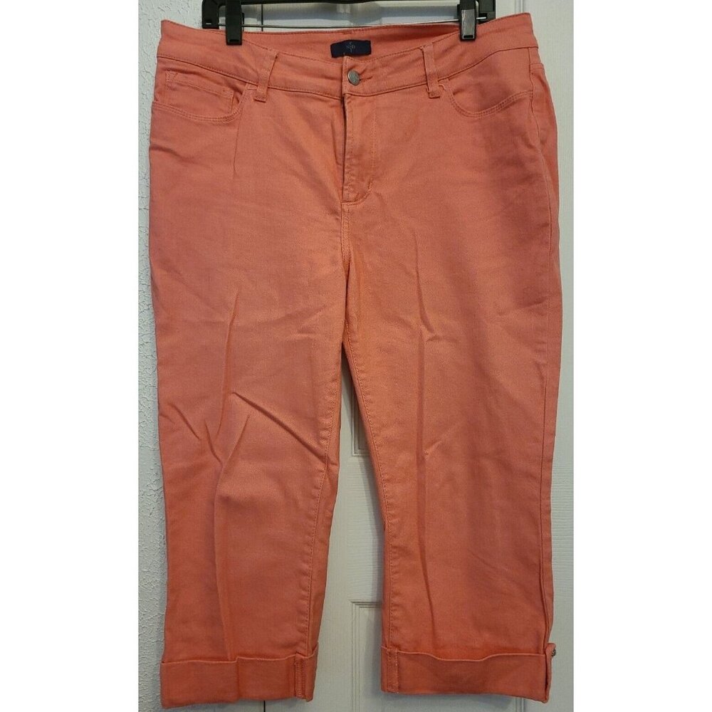 NYDJ 14P Ladies Coral Peach Cuffed Capri Crop Stretch Not Your Daughters Jeans
